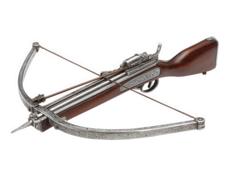 Wooden stock crossbow with metal bow, ornate engraving, and detailed craftsmanship, isolated on transparency background, evokes historical and vintage weaponry with sense of adventure