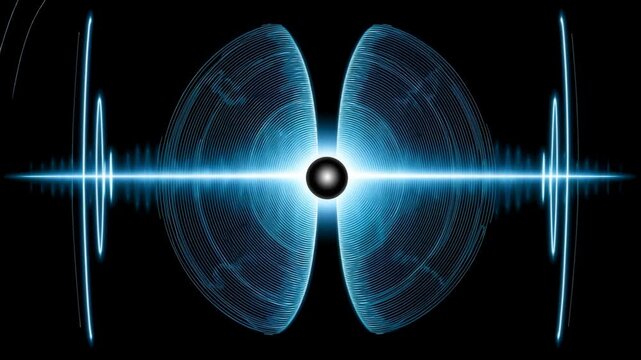 Glowing blue wave interference patterns radiate symmetrically around a central black sphere on a dark background.