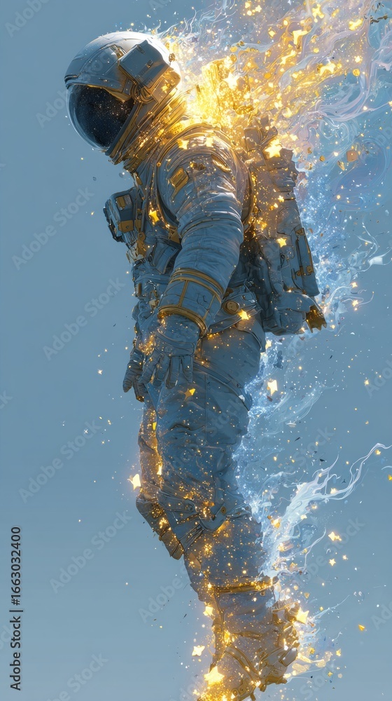 Poster astronaut disintegrating into golden particles and small stars, floating in space