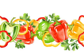 Hand-drawn illustration of a horizontal seamless border featuring red, yellow, and green bell peppers with parsley leaves
