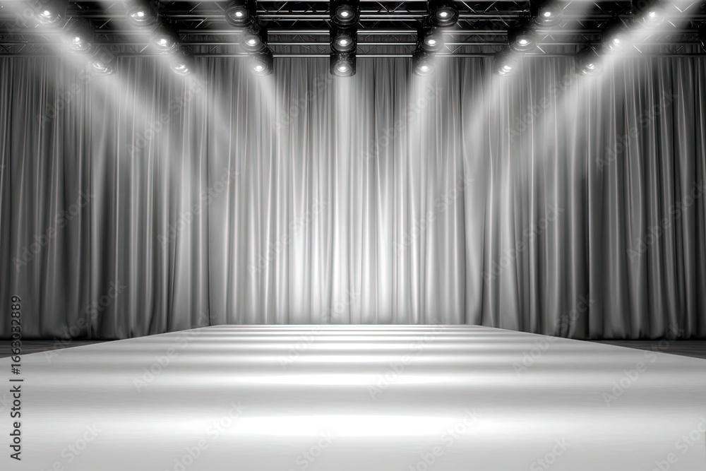 Aufkleber captivating theatrical stage environment illuminated by overhead spotlights, showcasing a sleek runw