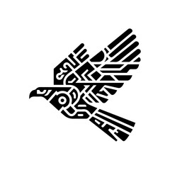 minimalist black aztec totem eagle bird or Mayan and Inca tribal symbol vector flat design.