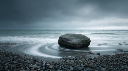 A solitary boulder rests in a tidal swirl on a pebble beach, creating a dramatic, serene, and naturally textured coastal scene.