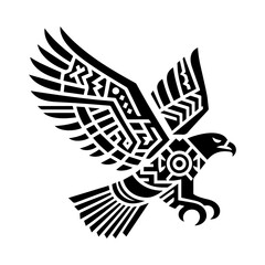 minimalist black aztec totem eagle bird or Mayan and Inca tribal symbol vector flat design.