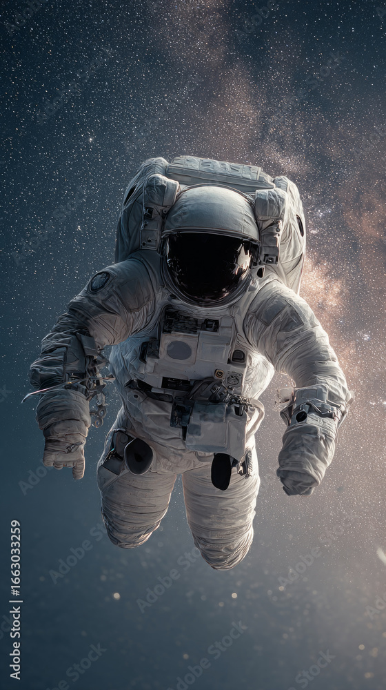 Poster astronaut wearing spacesuit performing extravehicular activity in outer space with the milky way gal