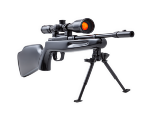 Modern sniper rifle with scope, tripod, and sleek black design, isolated on transparency background, high detail, tactical equipment for precision shooting, professional firearm