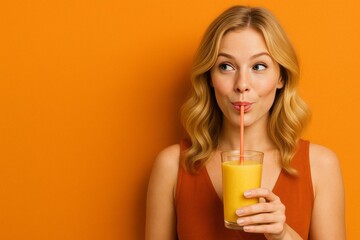 Blonde woman sipping orange juice through a straw wearing an orange sleeveless top against an orange background