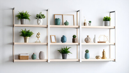 Three wooden shelves display various decorative items, plants, and picture frames against a white wall.