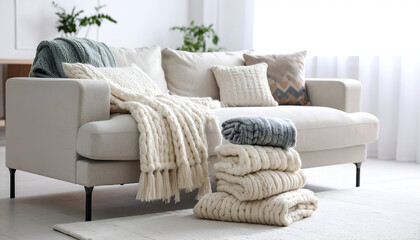 Cozy knitted blankets piled on a light beige sofa in a bright living room.