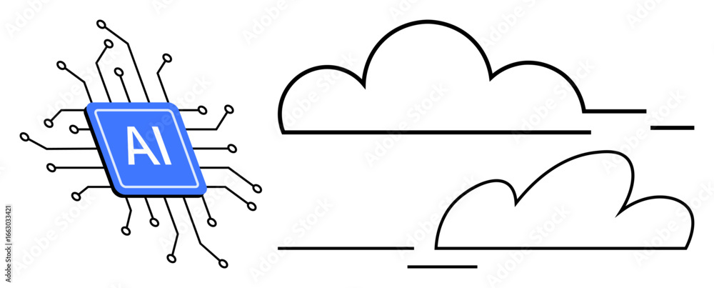 Poster ai processor chip linked with cloud icons symbolizing data transfer, computing, and innovation. idea