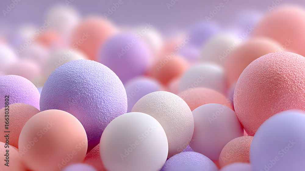 Poster abstract pastel spheres floating together in a close up view with a soft and dreamy aesthetic for a 