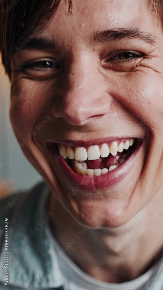Poster close-up video still of a smiling person, capturing joy and authenticity. shot from a low angle, emp