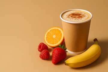 Takeaway cup of creamy coffee topped with foam, accompanied by orange slice, strawberries and banana on beige background, fresh fruit and drink composition 