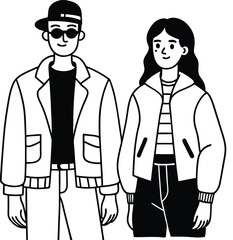 Trendy Young Couple in Streetwear Style Vector Illustration 