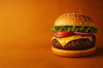 Juicy cheeseburger with beef patty, lettuce and tomato on a sesame seed bun against a vibrant orange background