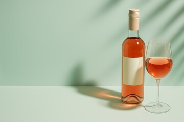Rosé wine bottle and glass filled with rosé wine placed on pastel green surface, elegant minimal still life