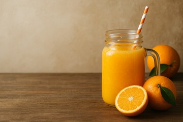 Refreshing orange juice in glass jar with straw and orange slices on table against orange background, healthy citrus drink concept