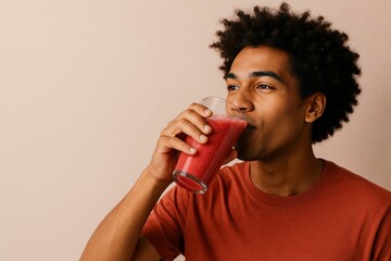 Young man with curly hair and mustache wearing orange shirt holding glass of drink and smiling against beige background