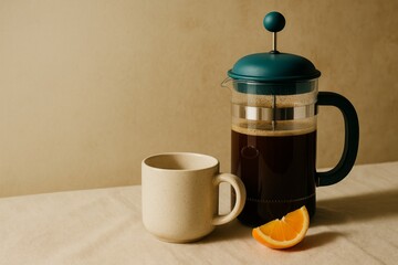 Turquoise French press coffee maker with white mug and orange slice on beige surface, minimal still life scene