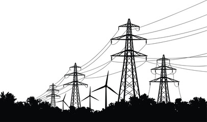 Silhouette of power lines and transmission towers with wind turbines in forest, renewable energy, electricity infrastructure, clean energy, sustainable power, environmental technology concept