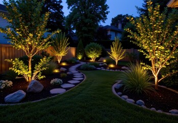 a landscaped backyard garden softly lit with hidden low intensity lights along edges and around plants producing calm serene nighttime retreat