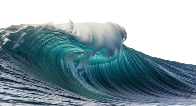 Powerful Ocean Wave with White Crest and Blue Gradient Isolated on White Background