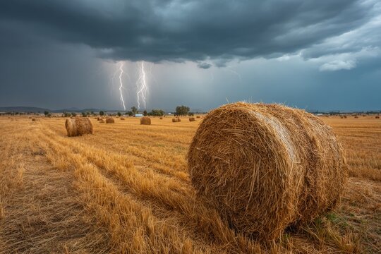 Round hay bales sit in a harvested field with lightning striking in the distance during a summer thunderstorm - Powered by Adobe