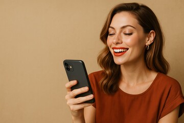 Fototapeta premium Smiling young woman with brown hair wearing a terracotta top laughing while looking at her smartphone against a warm beige background, connected lifestyle