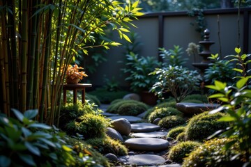 a quiet meditation garden with bamboo, moss, and ferns softly lit with low warm light casting gentle shadows for peaceful nighttime relaxation