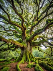 Ancient tree with gnarled branches and moss covered trunk