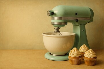 Retro-style mint green stand mixer with stainless steel bowl on beige countertop in cozy kitchen setting