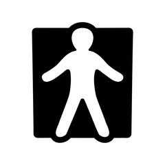Stylized icon of a person with arms outstretched, inside a black square