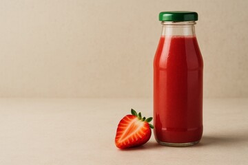 Glass bottle of red strawberry juice with green screw cap and fresh whole strawberry on light beige background