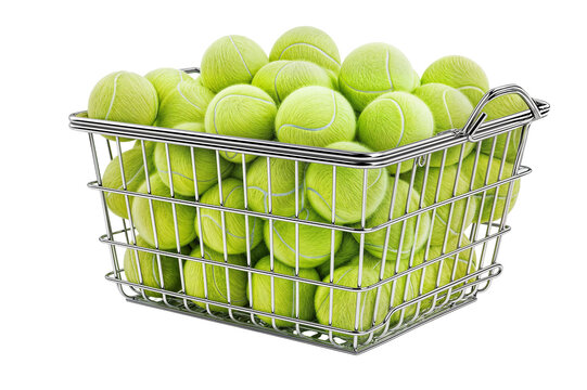 Basket full of tennis balls for sports training and recreational play in metal wire container setting on transparent background