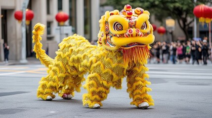 A vibrant lion dance costume in yellow moves through a city street, symbolizing celebration and culture, Ideal for cultural events, festivals, and promotional materials related to heritage,