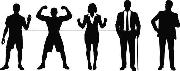 Silhouettes of diverse people in standing positions, including professionals, athletes, and elderly, showing strength, balance, confidence, business, posture, and unity