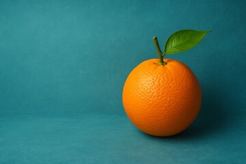 Single ripe orange with stem and leaf placed on teal background in minimalist still life composition
