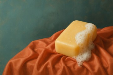 Yellow bar of soap resting on folded orange cloth against teal background, eco-friendly bath product concept