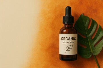 Amber glass bottle with dropper and organic label beside tropical leaf on warm gradient background