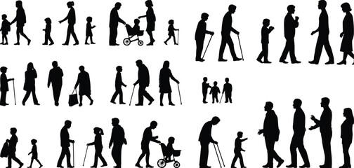 Silhouettes of diverse people walking, interacting across generations, from children to elderly, family togetherness, urban lifestyle, street life, community movement, connection