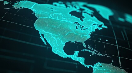 This digitally rendered map highlights North America in vivid blue hues, ideal for use in technology, geography, or education themes, representing data visualization, global networking