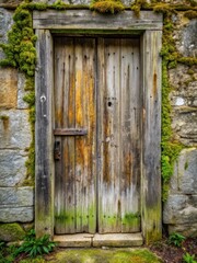 Weathered wooden door with cracks and moss