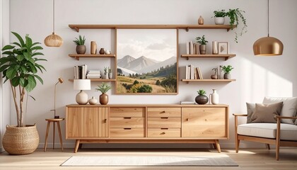 Living room interior with wooden commode and shelves. Detailed high quality image. 