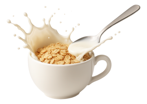 Oats in a ceramic cup, milk caught in an upward splash from a spoon.