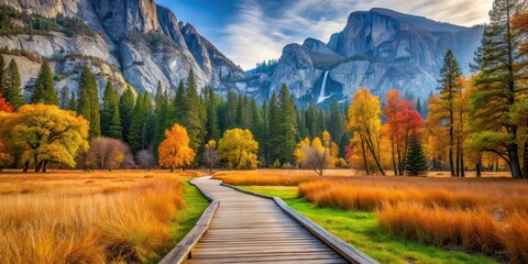 Meadow with boardwalk in Yosemite National Park Valley at autumn