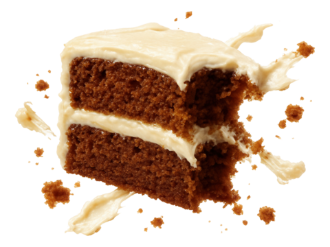 Half-eaten slice of cake, frosting smears and cake crumbs suspended.