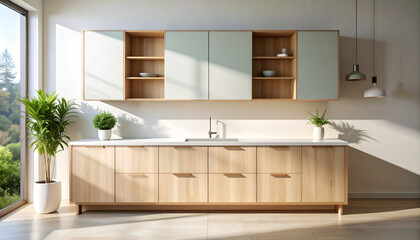 Modern kitchen interior with light wood cabinetry, open shelving, and large window.