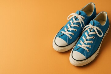 Stylish blue canvas sneakers with white laces on vibrant orange background, trendy casual footwear for sports fashion.