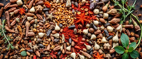 Vibrant assortment of dried spices & herbs, Mediterranean theme,  nutmeg,  flavor