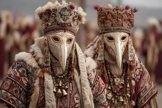 Bulgarian Kukeri with bells and traditional costumes, masked people kukeri dancing in masquerade festival Cukerlandia, Yambol, Bulgaria